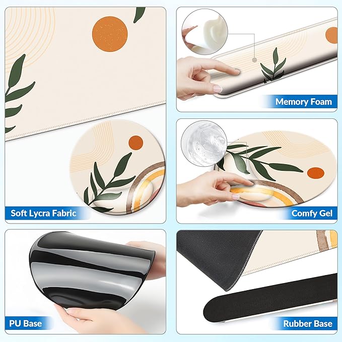 Desk Mat Set + Keyboard and Mouse Pad with Wrist Rest Support4-in-1 Large Mousepad Computer Mats for Desktop Home &amp Office-Boho Leaves