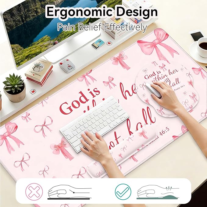 Desk Mat Set + Keyboard and Mouse Pad with Wrist Rest Support4-in-1 Large Mousepad Computer Mats for Desktop Home &amp Office-Pink Bowtie