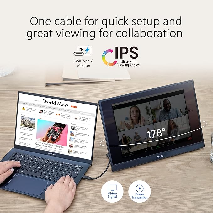 ASUS (MB17AHG ZenScreen 17” 1080P Portable USB Monitor - Full HD IPS 144Hz USB Type-C FreeSync Premium Eye Care L-Shaped Kickstand Tripod Mountable HDMI FSC Certified 3-Year WarrantyBlack