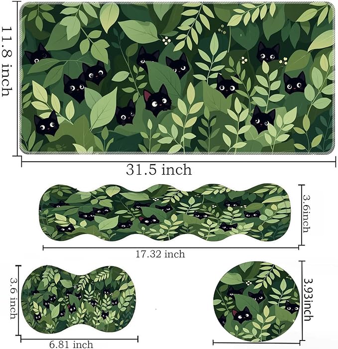 Keyboard Mouse Pad SetLarge Desk Pad+Keyboard Wrist Rest+Mouse Wrist Support+CoasterEasy Typing Pain Relief Non-Slip Wrist Support Mousepad Set Home OfficeBlack Cats in The Leaves