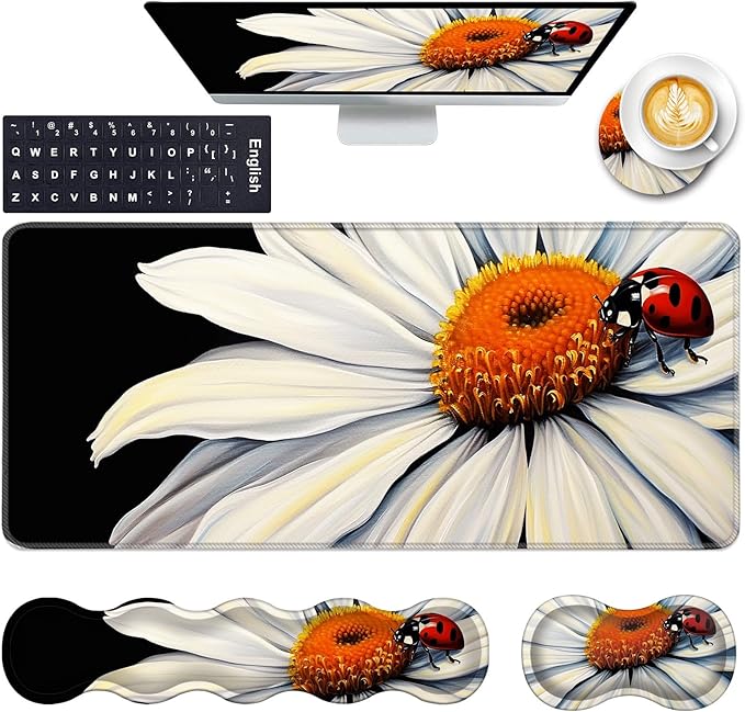 Keyboard Wrist Rest and Mouse Pad with Wrist Support Set Ergonomic CoasterMemory FoamEasy Typing Pain ReliefLarge XL Desk Mat 31.5x 11.8Ladybug on Daisy Flower