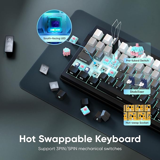 RedThunder K95 Wireless Mechanical KeyboardTFT Screen &amp Knob Trip-Modes Connection Gasket Custom Hot-Swap Keyboard RGB Backlit Pre-lubed Linear Switches Side Printed PBT Keycaps Gray Gradie