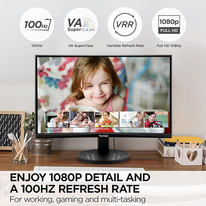 ViewSonic VA2416C 24 Full HD 1080p Frameless Curved Monitor with Variable Refresh Rate Eye Care HDMI and DisplayPort Inputs for Home and Office (Renewed)