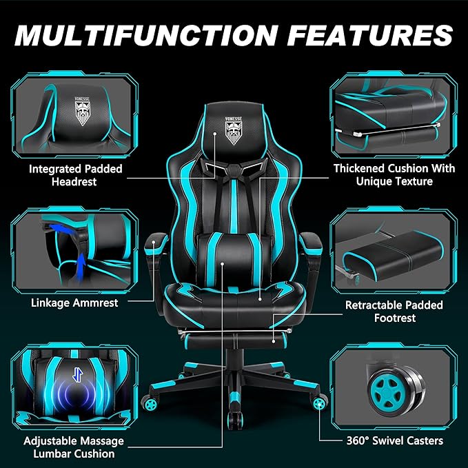Vonesse Gaming Chairs for Adults Gaming Chairs with Footrest and Massage Reclining Computer Chair for Heavy PeopleBig and Tall Ergonomic Gamer Chair with Lumbar Pillow(Teal/Cyan)