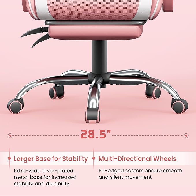 Yaheetech Gaming Chair Video Game Chair with Massage Lumbar Support and Footrest Height Adjustable Ergonomic Computer Chair with Swivel Seat and Headrest Pink/White