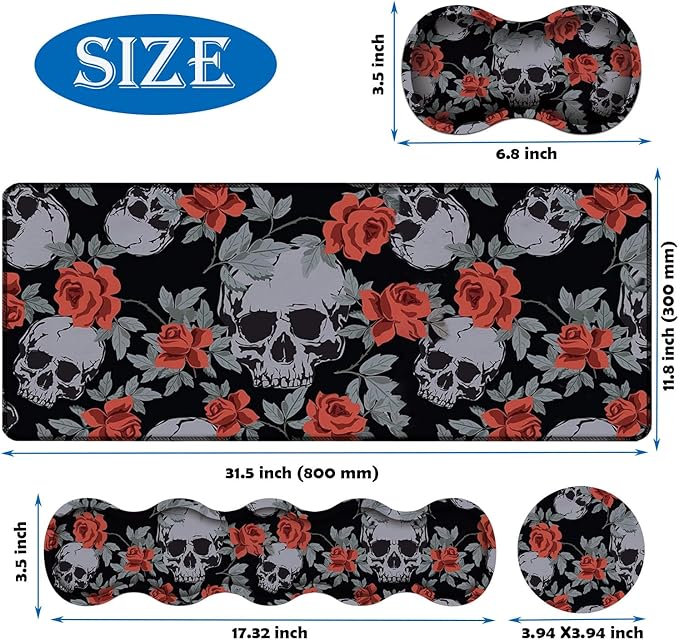 4 in 1 Mouse Pad Combo Large Gaming Mouse Pad + Keyboard Wrist Support + Mouse Wrist Rest + Coaster Table Pad with Stitched Edge Memory Foam Ergonomic Wrist Pad Set Human Skulls Vintage Roses