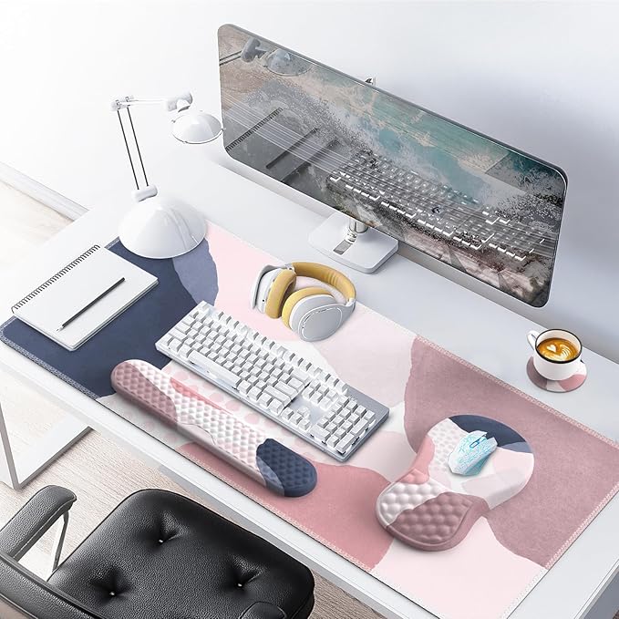 Desk Mat for Keyboard and Mouse Ergonomic Mouse Pad Set Pink Boho Navy