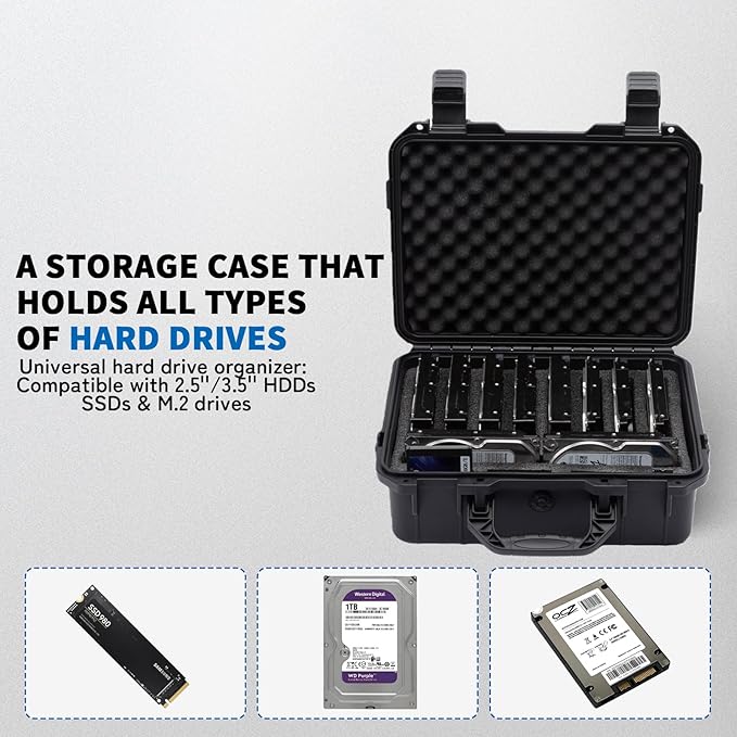 Hard Drive Case 3.5inch 10-Bay Multi-Protection HDD Storage Box Suitcase with Foam External Hard Drive Carrying Case Anti-Static Shock Moisture Proof for HDD/SSD/M.2