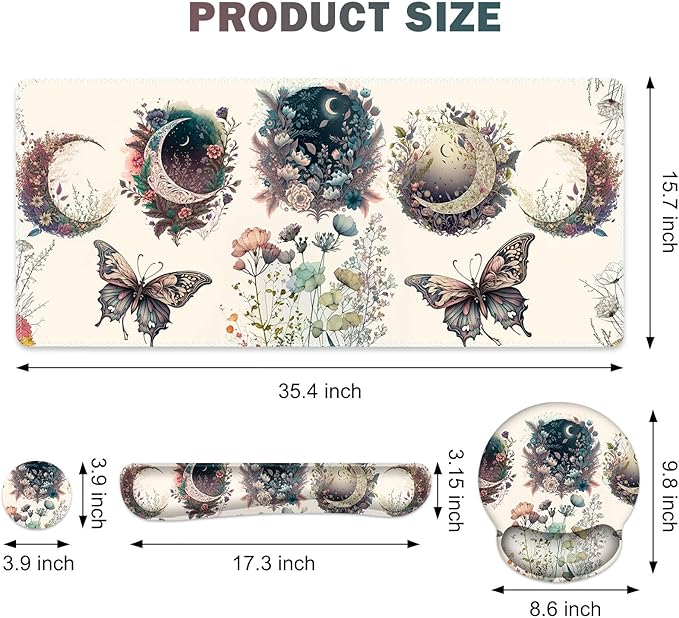 Large Desk Mat Cute Boho Plants Mouse Pad Apricot Desk Pad XXL Mousepad + Keyboard Wrist Rest+Mouse Wrist Rest+Coaster Desk Pad for Girl Women Home Office Decor Aesthetics Floar Butterfly Moon