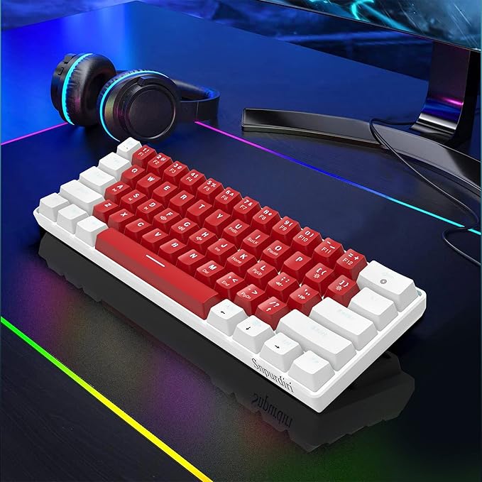 Snpurdiri Wired 60% Mechanical Gaming Keyboard White LED Backlit Ultra-Compact Small Office Keyboard for Windows Laptop PC Mac (White-Red Red Switches)