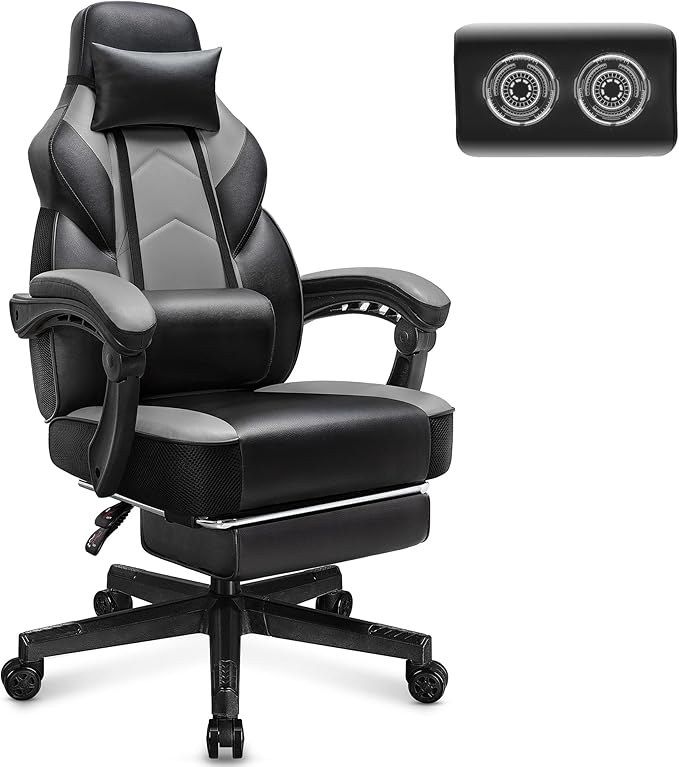 Meilocar Gaming Chair for Adult Computer Chair with Footrest Video Game Chair Big and Tall Gaming Chair with Massage Lumbar Support Adjustable Height and 360° Swivel Seat(Grey)