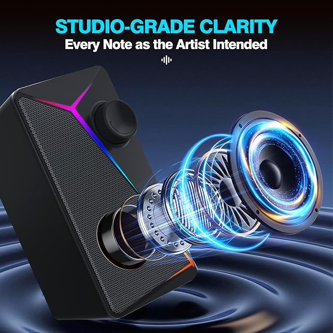 Computer Speakers for Desktop PC USB-Powered Gaming Speakers for Laptop – Multi Colorful LED Backlight Modes Stereo Sound for Gamers Music Movies Indoor &amp Outdoor Use 3.5mm AUX Cable