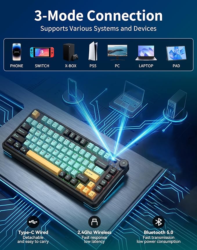 Aula AU75 Wireless Mechanical Keyboard Hot Swap Gasket Gaming Keyboard with Knob BT/2.4G/Wired Custom Keyboard 4000mAh Battery 75% Five-Layer Padding PBT Keycaps RGB Side-Strip for Win/Mac/PC