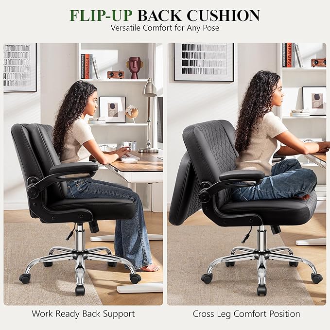 Criss Cross Office Chair with 2-in-1 Flip Backrest – Ergonomic PU Leather Floor Sitting Chair Adjustable Height 360° Swivel &amp Flip-Up Arms Extra-Wide Seat for Home Office Vanity Nail Salon-Bl