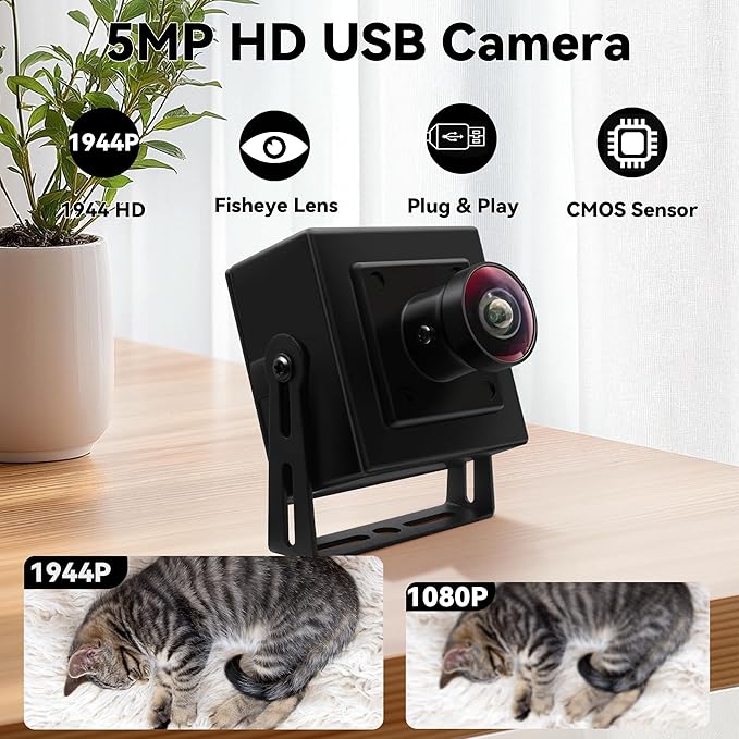MMlove 5MP USB Camera 1944P HD Webcam 170 Degree Wide Angle Fisheye Lens Plug&ampPlay USB Webcam for Skype/Zoom/FaceTime/HangoutsPC/Laptop/Raspberry Pi