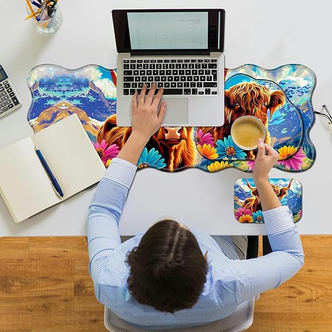 3-Piece Ergonomic Desk Mat &amp Cloud Wrist Rest Set Large 31.5 x 11.8 Wave Office Desk Pad with Memory Foam Support Non-Slip Computer Protector for Home Gaming Mountain Flower Cow