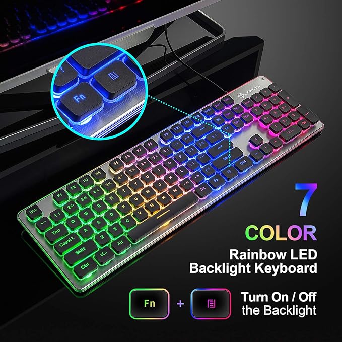 LANGTU Membrane Gaming Keyboard Colorful LED Backlit Quiet Keyboard for Study All-Metal Panel USB Wired 25 Keys Anti-ghosting Computer Keyboard 104 Keys - L1 Black/Silver…