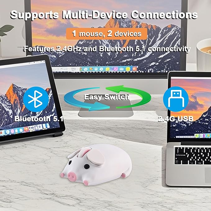 Wireless Bluetooth Mouse Cute Animal Pig Shape 2.4G &amp Bluetooth Dual Mode Computer Mice with USB Receiver Portable Compact 1200DPI Optical Cordless Mouse for Laptop iPad PC Chromebook Kids Gift(Wh