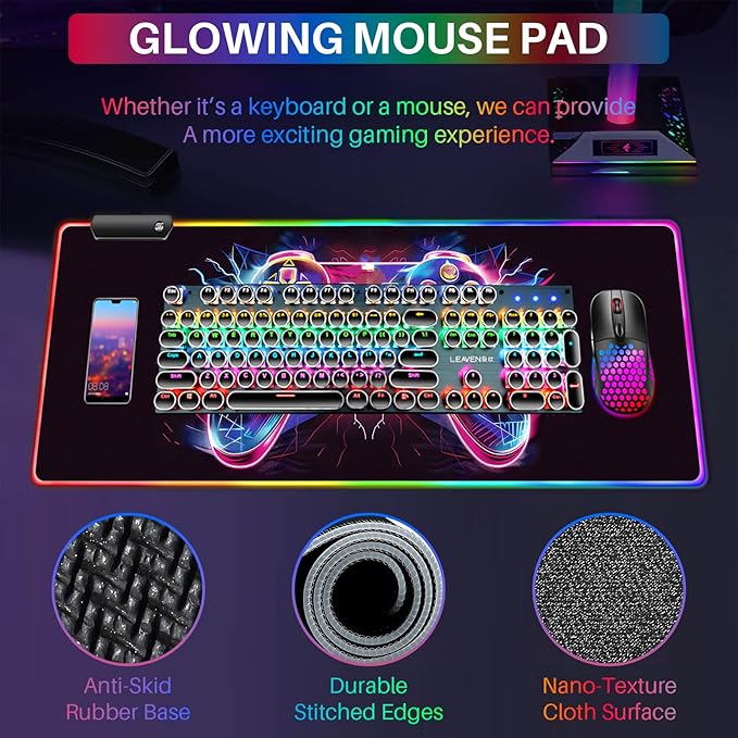XL Led Gaming Mouse Pad with 14 Light Modes - Light Up Gamer Mouse Pad31.5 x 11.8in Non-Slip Gamepad Style RGB Large Gamer MousepadBlack Long Glowing Gaming Accessories for DeskWaterproof