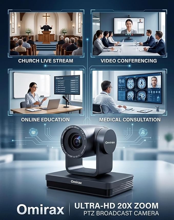 1080P PTZ Camera with AI Auto Tracking 20X Optical Zoom 3G-SDI/HDMI/USB3.0/IP/PoE RS232/RS422/RS485 Remote Included Professional Live Streaming Camera for Church &amp Conference