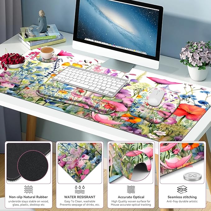 Large Mouse Pad with Wrist Support 4in1 Set XXL Game Mousepad +Keyboard Wrist Rest+Mouse Wrist Rest+Coaster Ergonomic Design Gaming Mat for Home Office Table Computer I Gorgeous Rose Plants