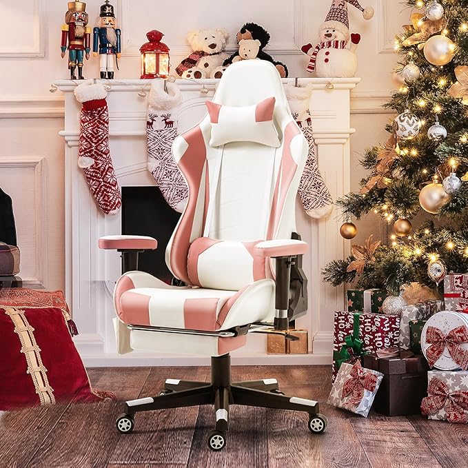 Massage Gaming Chair w/Footrest Video Racing Chair PC High Back Desk Computer Chair PU Leather Recliner w/Headrest and Lumbar Pillow Pink-White