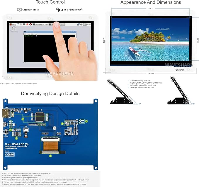 Waveshare 7inch HDMI LCD (C) Capacitive Touch Screen Display Supports Various Systems for All Ver. Raspberry pi 3 Model B/3 B+/2 B/B+/B/A Banana Pi with Bicolor Case