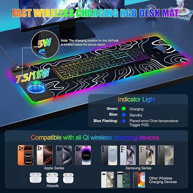 RGB Mouse Pad with Foldable Phone Stand &amp Wireless Charger 31.5x11.8 XL Gaming Mousepad Large Desk Mat Desk Pad with Dual Charging for Phone &amp AirPods | 11 Colors &amp 5 Modes | Waterproo