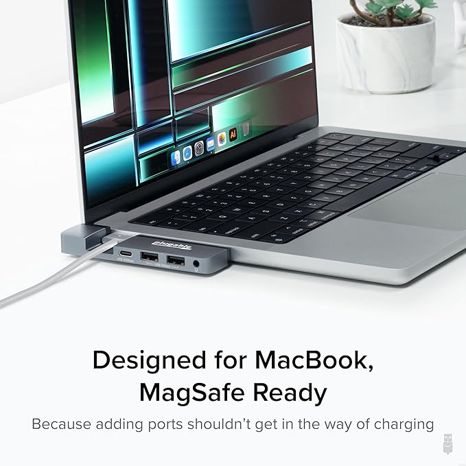 Plugable 5-in-1 USB C Hub for MacBook Pro &amp Air M1/M2/M3/M4/M5 - Thunderbolt 4 Compatible MagSafe Ready 40Gbps Data Gigabit Ethernet 2X USB 3.0 - Slim Portable Adapter with Pass-Through Charg