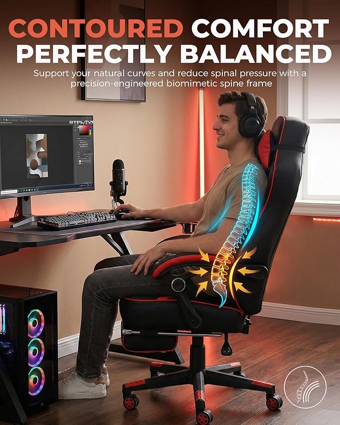 GTPLAYER Gaming Chair with Footrest Big and Tall Game Chair 350lb Racing Style Computer Chair Ergonomic Executive Office Chair High Back with Lumbar Support and Recliner Red