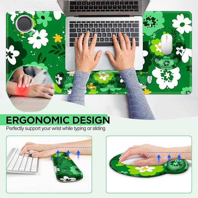 AIMSA Keyboard Mouse Pad Wrist Rest Set Large Gaming Mouse Desk Pad with Wrist Support Ergonomic Design 4 in 1 Mousepad for Home Office Green Flowers