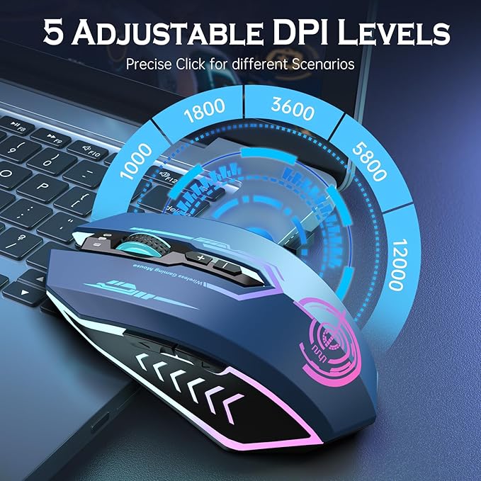 UHURU Gaming Mouse Wireless Gaming Mouse with 7 Buttons 7 Changeable LED Color up to 12000 DPI Rechargeable USB Gamer Mouse for PC Laptop (Blue)