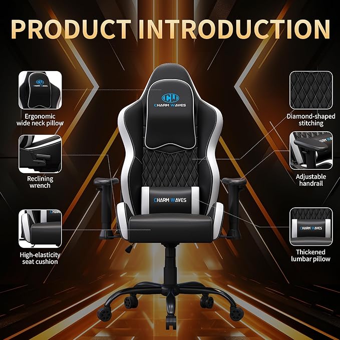 Gaming Chair Ergonomic Office Recliner with Diamond Stitching Gray Fabric 90-145° Adjustable Backrest Modern Style 300 lbs Capacity Living Room Computer Chair