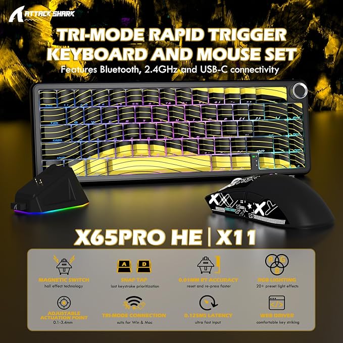 ATTACK SHARK X11 &amp X65 PRO HE Rapid Trigger Hall Effect Keyboard60% Magnetic Keyboard 8K Polling Rate RGB Hot SwapWireless Gaming Mice with Charging Dock 22K DPIBT/2.4Ghz/WiredCoiled Cable-Bla