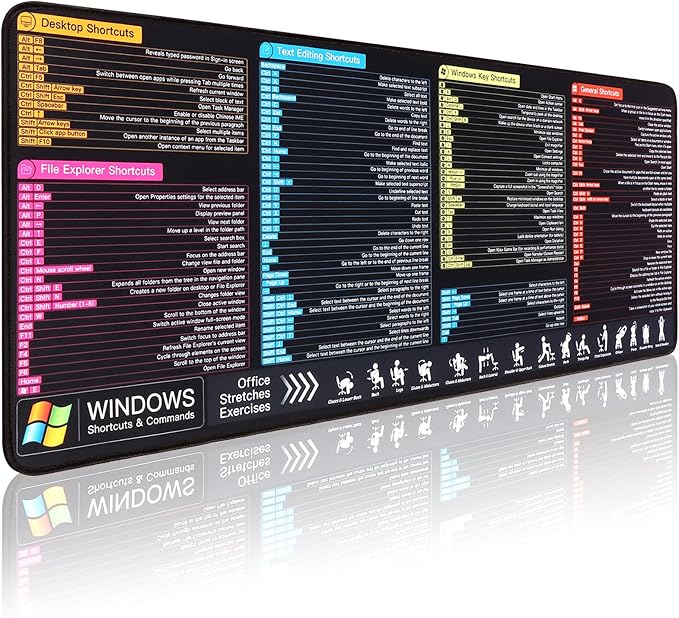 Windows Keyboard Shortcuts Mouse Pad Large Mousepad for PC Windows System Extended Gaming Pad for Mouse and Keyboard High Definition Printing StitchingWashable Anti Slip