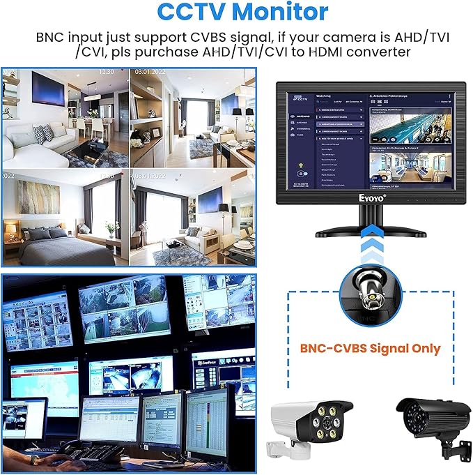 Eyoyo 12 Inch TFT LCD Monitor with AV HDMI BNC VGA Input 1366x768 Portable Mini HD Color Screen Display with Built-in Speaker
