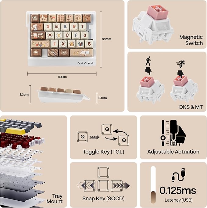 MechLands AJAZZ AK029 One Handed Gaming Keyboard 8Khz Polling 29 Keys Rapid Fast Wired Keyboard SOCD &amp DKS Magnetic Switch Adjustable Actuation RGB Backlits Aluminum Plate (White Brown)