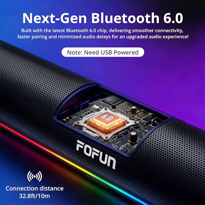 Computer Sound Bar with Detachable ENC Microphone Enhanced Bass Gaming Soundbar Bluetooth 6.0 USB-A Plug and Play PC and Bluetooth Mode 3EQ 10 RGB Speaker for Gaming MusicMeeting