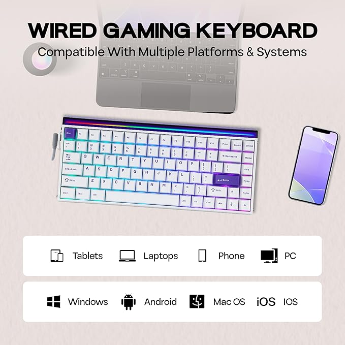MechLands Aula Hero84 HE Wired Magnetic Gaming Keyboard Rapid Hall Effect Keyboard with 0.01mm Adjustable Actuation 8kHz Polling 5-Layer Sound Dampening RGB Lightbox &amp Backlit (White Purple)