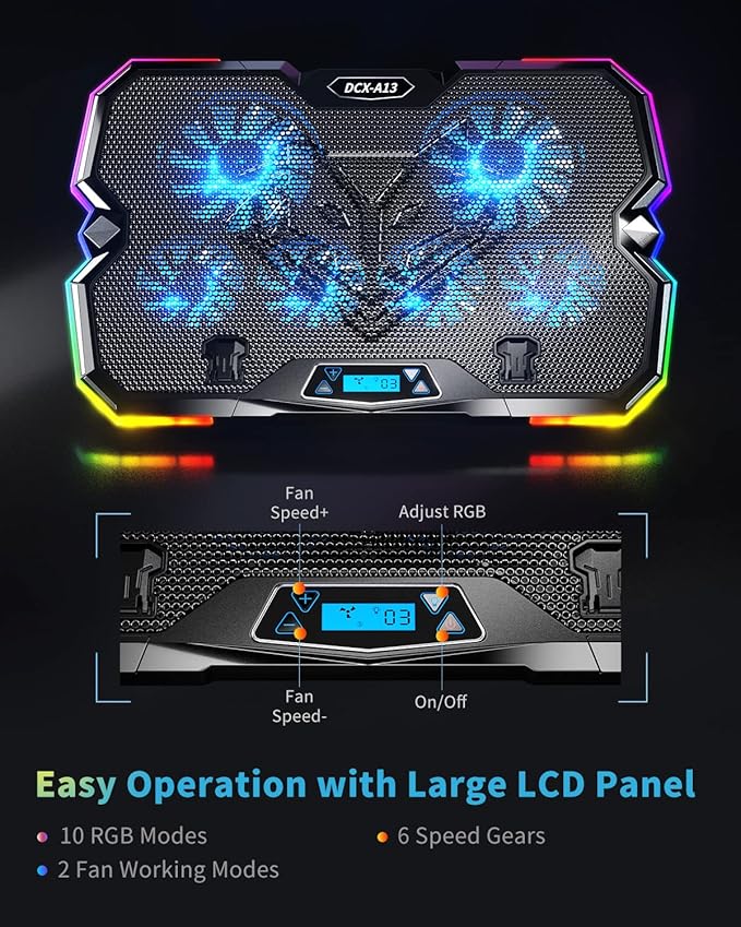 KeiBn Upgrade Laptop Cooling Pad A13RGB Lights Laptop Cooler 6 Fans for up to 15.6 Inch Laptops10 Modes Light 7 Height Stands 2 USB Ports - Blue