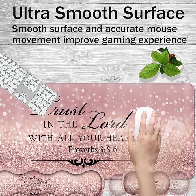 Gaming Mouse Pad Set Large Gaming Mouse Pad+Keyboard Wrist Rest+Mouse Wrist Rest+Coaster Easy Typing Pain Relief 31.5 × 11.8 inch Desk Mat for Home Office Proverbs 3:5-6