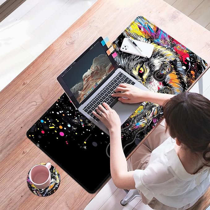 Mouse PadLarge Desk Mat Set 4in1 XL Mousepad + Keyboard Wrist Rest+Mouse Wrist Rest+Coaster with Ergonomic Desk Pad for Home Office Table Computer Cover -Colorful Splatter Wolf