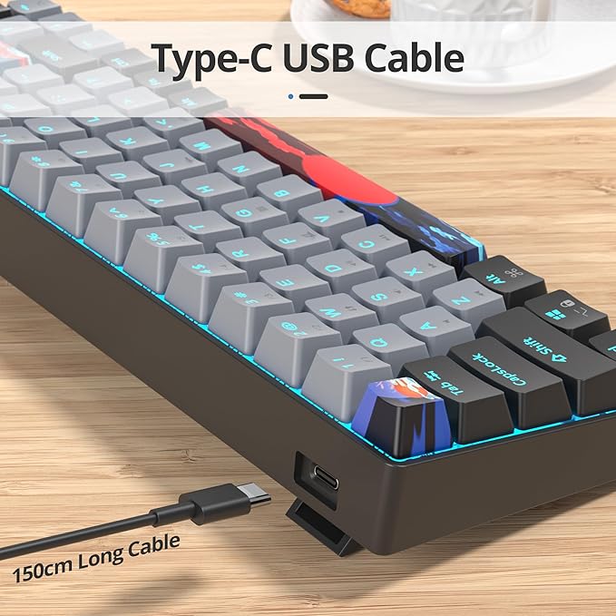 65 Percent Gaming Keyboard 68 Keys Mechanical Keyboard LED Backlit Ultra Compact Wired Key Board with Red Switch for Windows Laptop Gamer