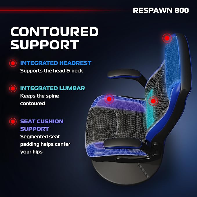 RESPAWN 800 Swivel Rocker Gaming Chair - Ergonomic Floor Gaming Seat with Lumbar Support Flip Up Armrest High Back Pedestal Base Comfortable No Wheels Console Video Game Rocker Chair - Blue