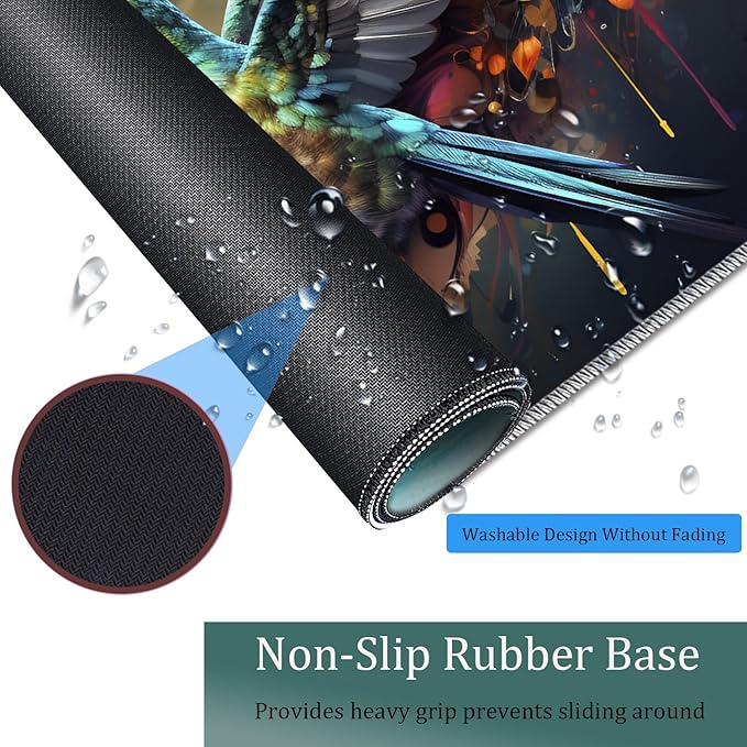 Large Game Mouse Pad + Wrist Support Pad + Coffee Coaster Desk Pad with Sewn Edges Anti-Slip Set pad Suitable for Office Work and Home - Colorful Hummingbird with Flower