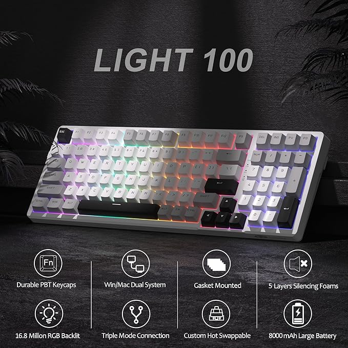 MageGee LIGHT100 Wireless Creamy Keyboard Gasket Structure Hot Swappable Tri-Mode 2.4G/USB-C/BT5.0 RGB Backlit Mechanical Gaming Keyboard for Win/Mac/PC PBT Keycap 4000mAh Battery Grey