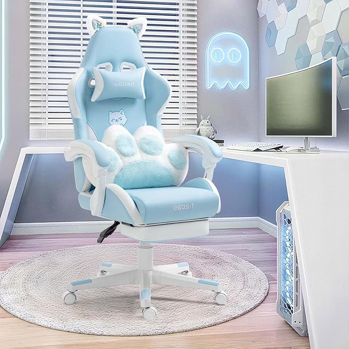 【Gaming Chair with Paw Cushion】 Kawaii PC Gamer Chair for Girls Teens Adjustable Height &amp 90-155° Recline 360° Swivel with Retractable Footrest (Blue)