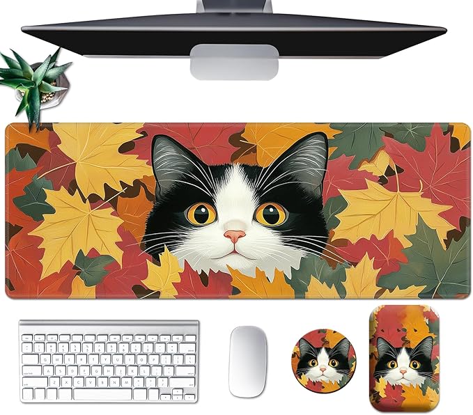 Large Mouse Pad Set Desk Mat + Elbow Rest Pad + Coaster Easy Typing Pain Relief Ergonomic Arm Rest Pad with Memory Foam Extended Desk Pad Anti-Slip Rubber Base for Office Home Autumn Cat