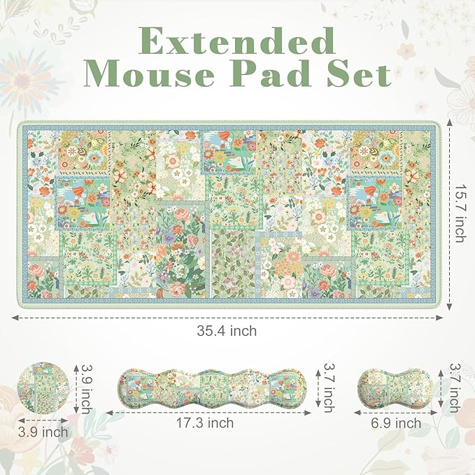 iLeadon Mouse Pad and Keyboard Wrist Rest Large Computer Desk Mat Mouse Pad Set with Wrist Pad for Keyboard Cute Green Desk Pad Mat with Non Slip Base Office Home(Floral)