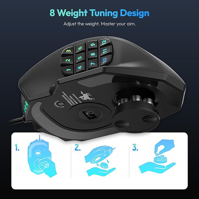 RED SAMURAI Wired Gaming Mouse MMO Gaming Mouse 16400DPI 18 Macro Programable Buttons Ergonomic RGB Wired Mouse with 12 Side Buttons Weight Adjustable Stable Grip Compatible for MMO/FPS/MOBA